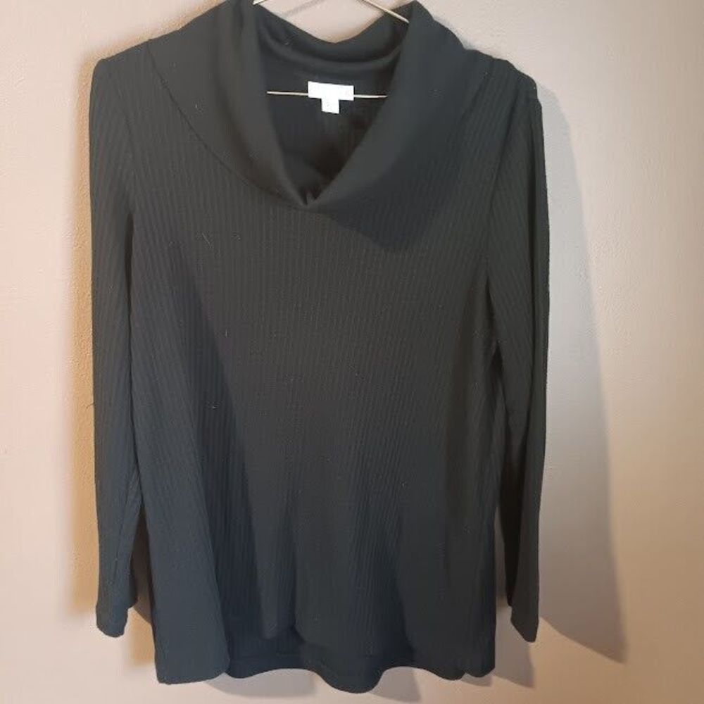 J Jill Top Shirt Women S Small Black Thermal Cowl Neck Waffle Knit Casual